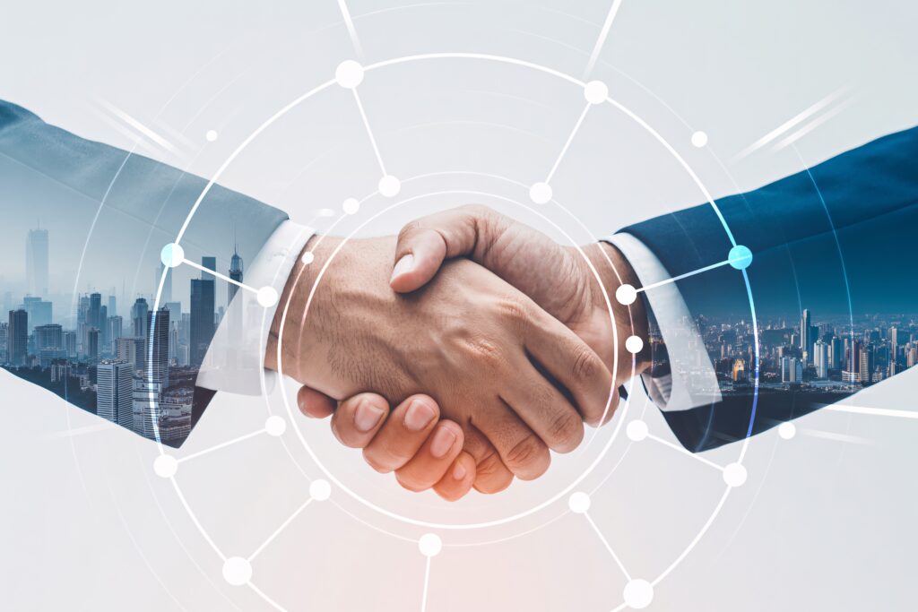 business handshake with double exposure cityscape digital network global partnership concept