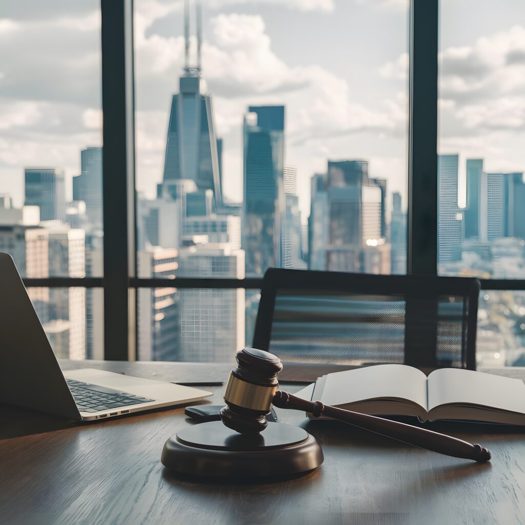 sleek office with city view laptop book gavel legal tasks social media post size