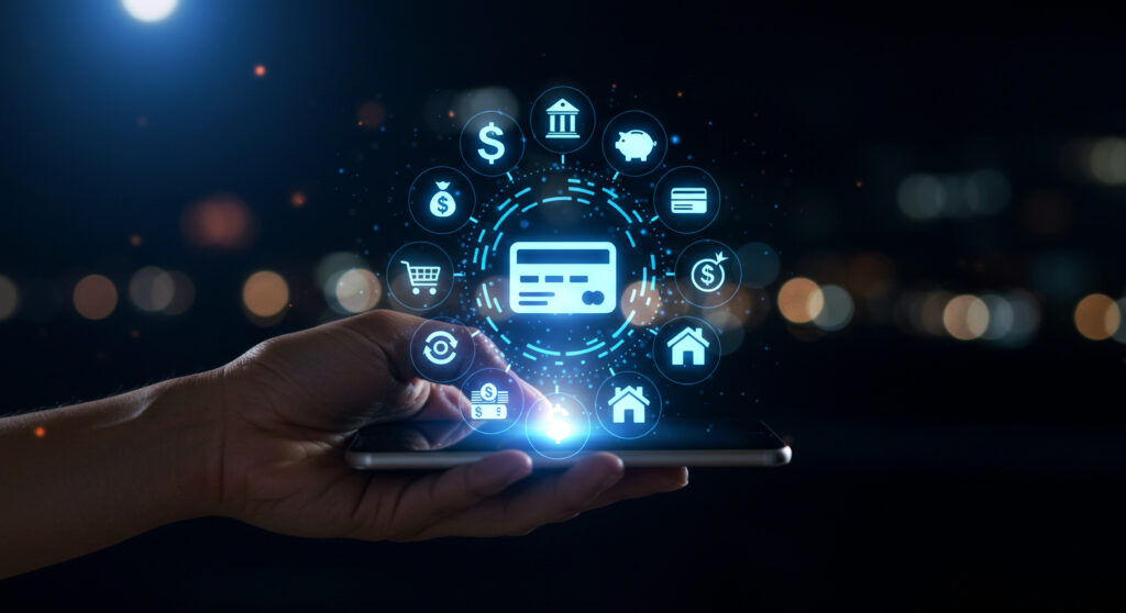 mobile financial technology with credit card digital icons payments transactions