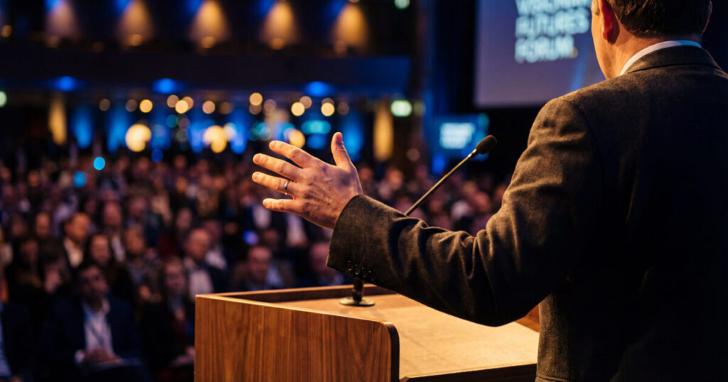 keynote speaker presenting large audience business forum scaled e1788945081935