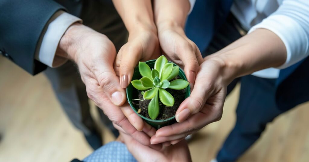 business hands holding green plants together are symbol green business compan generative ai scaled e1788945681987