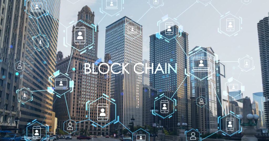 panorama cityscape chicago downtown riverwalk boardwalk with bridges day time chicago illinois usa decentralized economy blockchain cryptography cryptocurrency concept hologram scaled e1788944351530