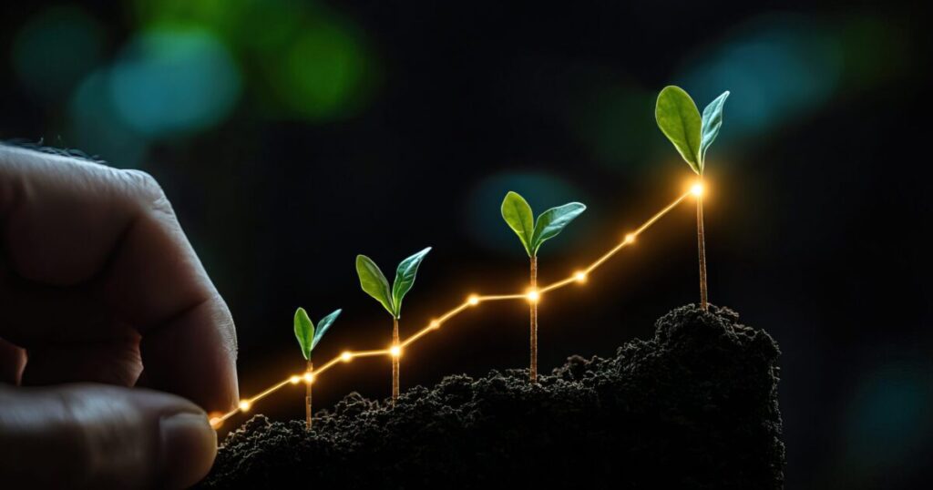 hand nurturing young plants sprouting from dark soil symbolizing growth development sustainability nature scaled e1788945365399