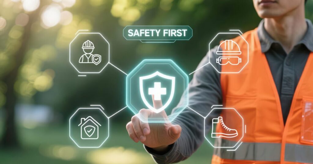 worker man safety vest touches glowing digital shield safety first icons symbolizing work safety safety training scaled e1788945269428